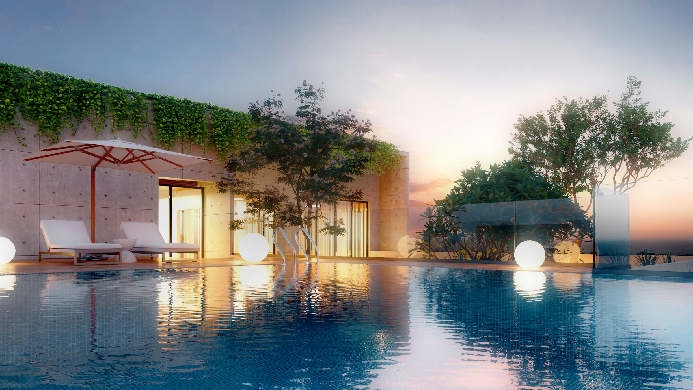 Villa terrace and pool at dusk
